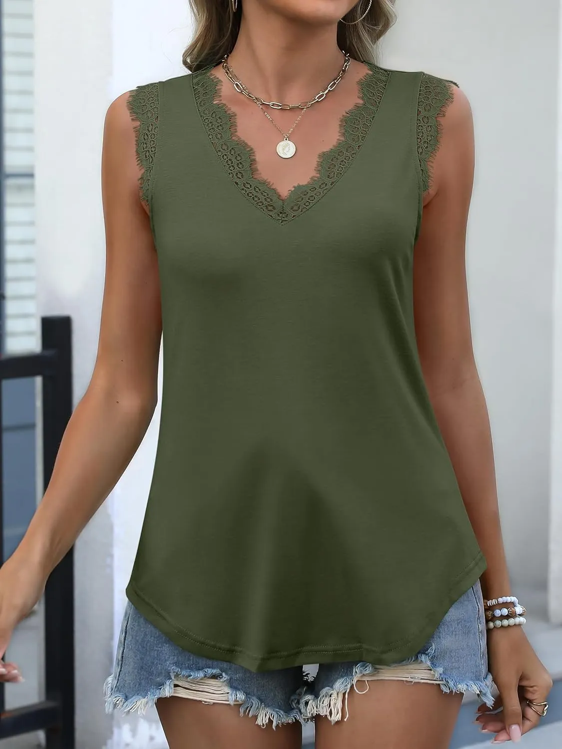 ANRABESS Womens Lace Trim Tank Tops V Neck Sleeveless Shirts 2025 Summer Casual Trendy Dressy Cami Top