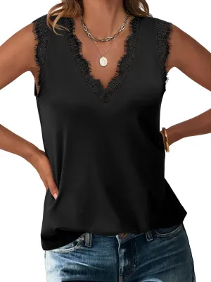ANRABESS Womens Lace Trim Tank Tops V Neck Sleeveless Shirts 2025 Summer Casual Trendy Dressy Cami Top