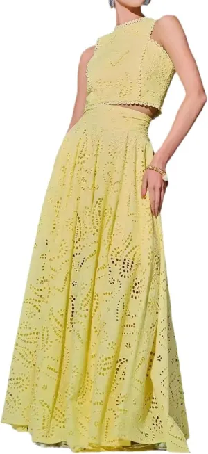 Aonoapll Women 2 Piece Eyelet Skirt Set Sleeveless Hollow Out Lace Tank Top Maxi Skirt Outfits Nightclub Party Dress