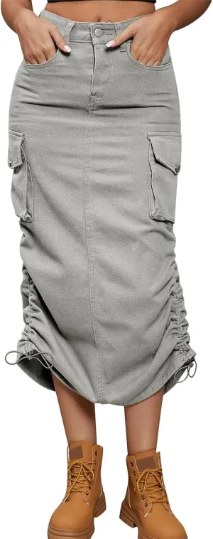 Apparel Short Women's Casual High Waist Cargo Skirt Denim Skirt Comfy Stretch Long Skirt A line A Line Swing Midi