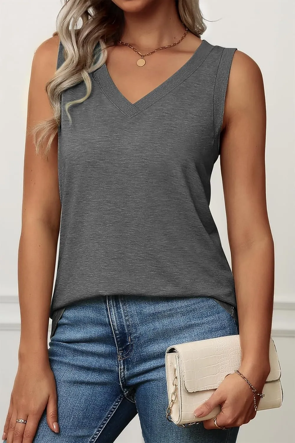 ATHMILE Women Summer V Neck Tank Top Sleeveless Spring Tee Beach Vacation Tops