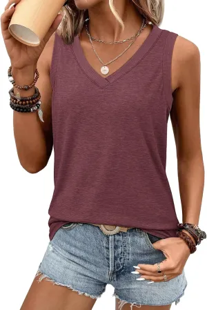 ATHMILE Women Summer V Neck Tank Top Sleeveless Spring Tee Beach Vacation Tops