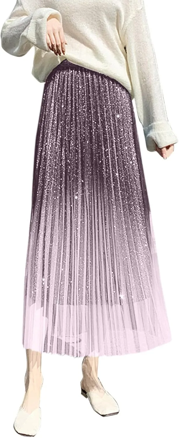 Autumn and Winter Gradient Starry Sky Shiny Silk Pink Mesh Hem Skirt A Line Pleated Midi Skirt Women Anime Skirt