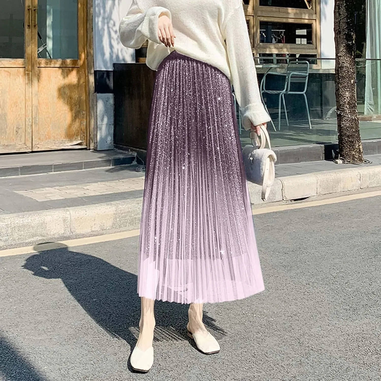 Autumn and Winter Gradient Starry Sky Shiny Silk Pink Mesh Hem Skirt A Line Pleated Midi Skirt Women Anime Skirt