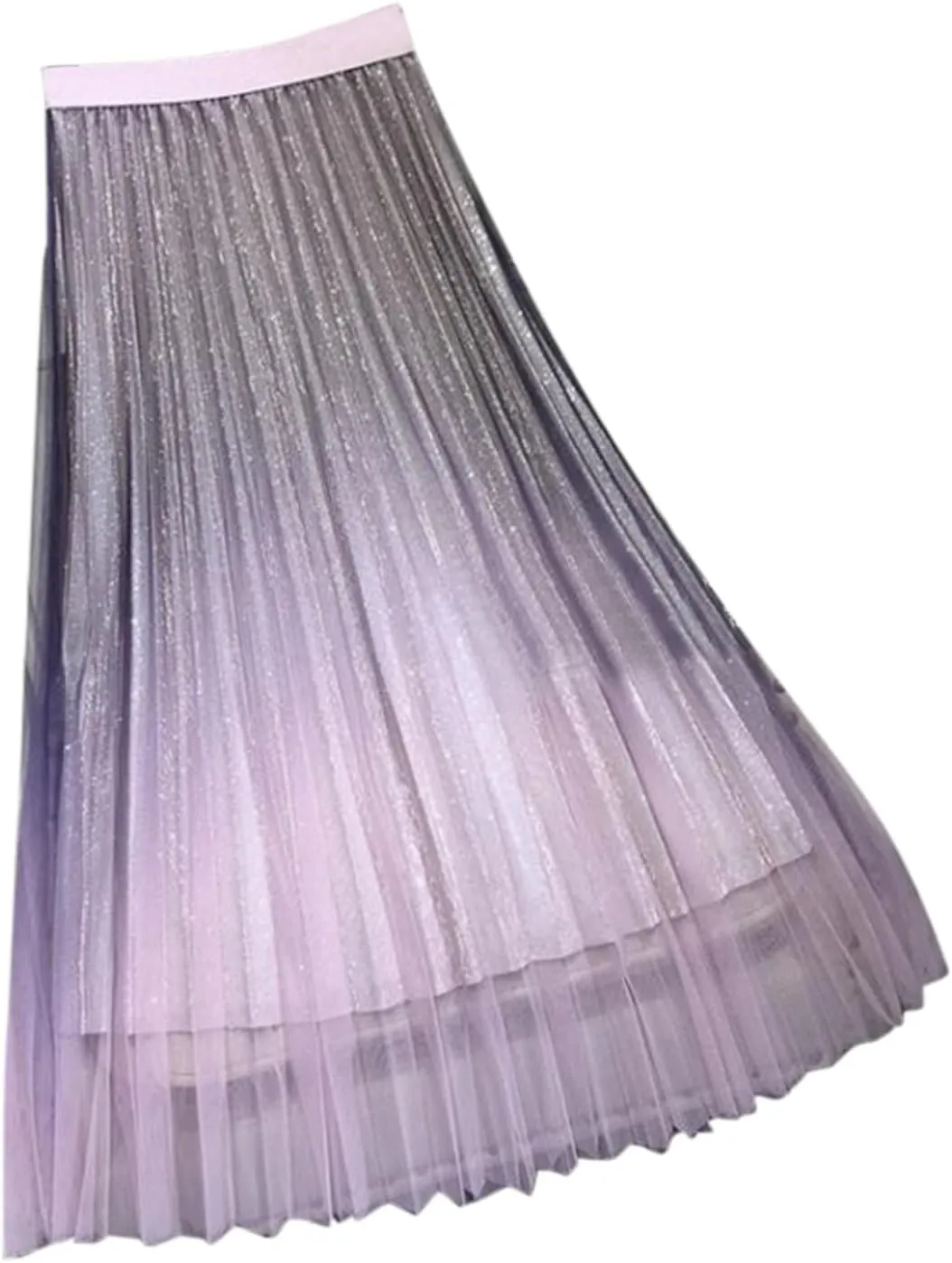 Autumn and Winter Gradient Starry Sky Shiny Silk Pink Mesh Hem Skirt A Line Pleated Midi Skirt Women Anime Skirt