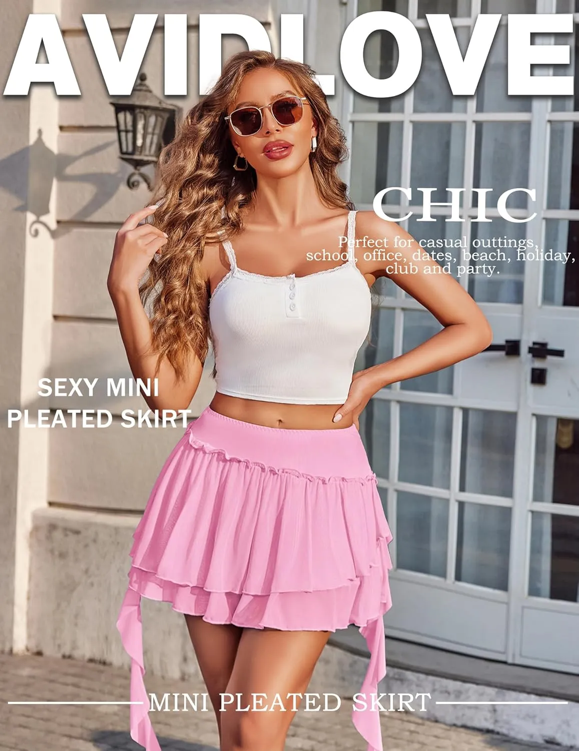 Avidlove Women's Pleated Mini Skirt Mesh Layered Ruffled Skirt Casual Ruffles Flowy Skorts S-XXL