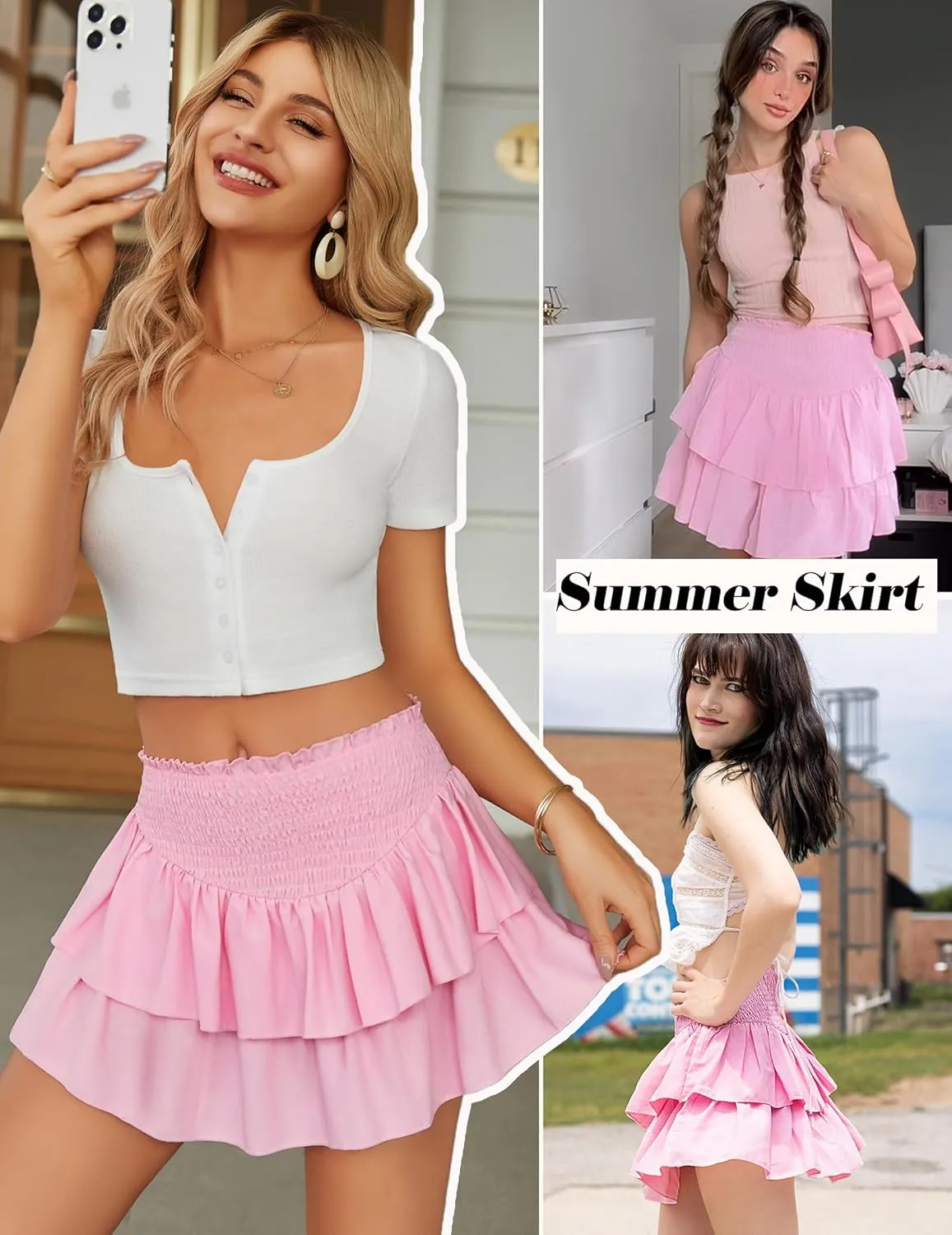 Avidlove Women's Summer High Waist Ruffle Flowy Mini Skirts Casual Boho Layered Pleated Beach Short Skirt