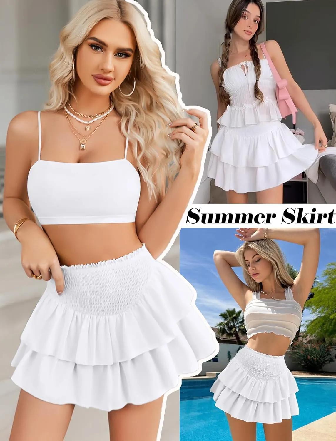 Avidlove Women's Summer High Waist Ruffle Flowy Mini Skirts Casual Boho Layered Pleated Beach Short Skirt
