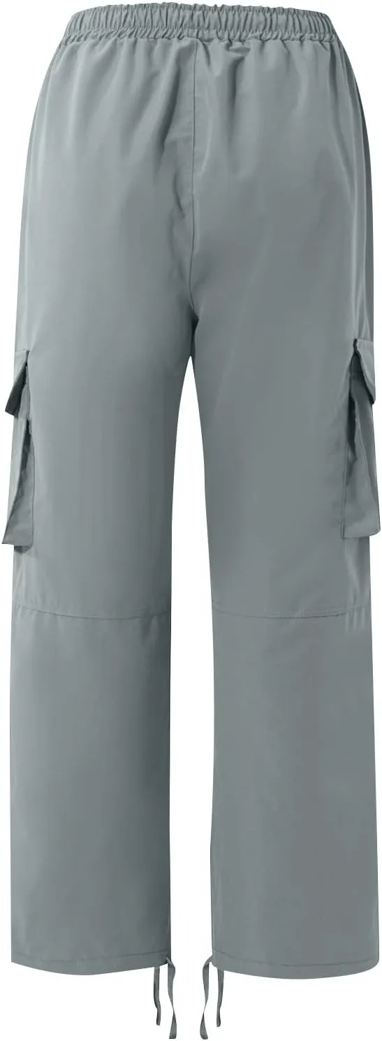 Baggy Cargo Pants for Men Casual Drawstring Waist Hiking Pants with Pockets Outdoor Lightweight Parachute Pants