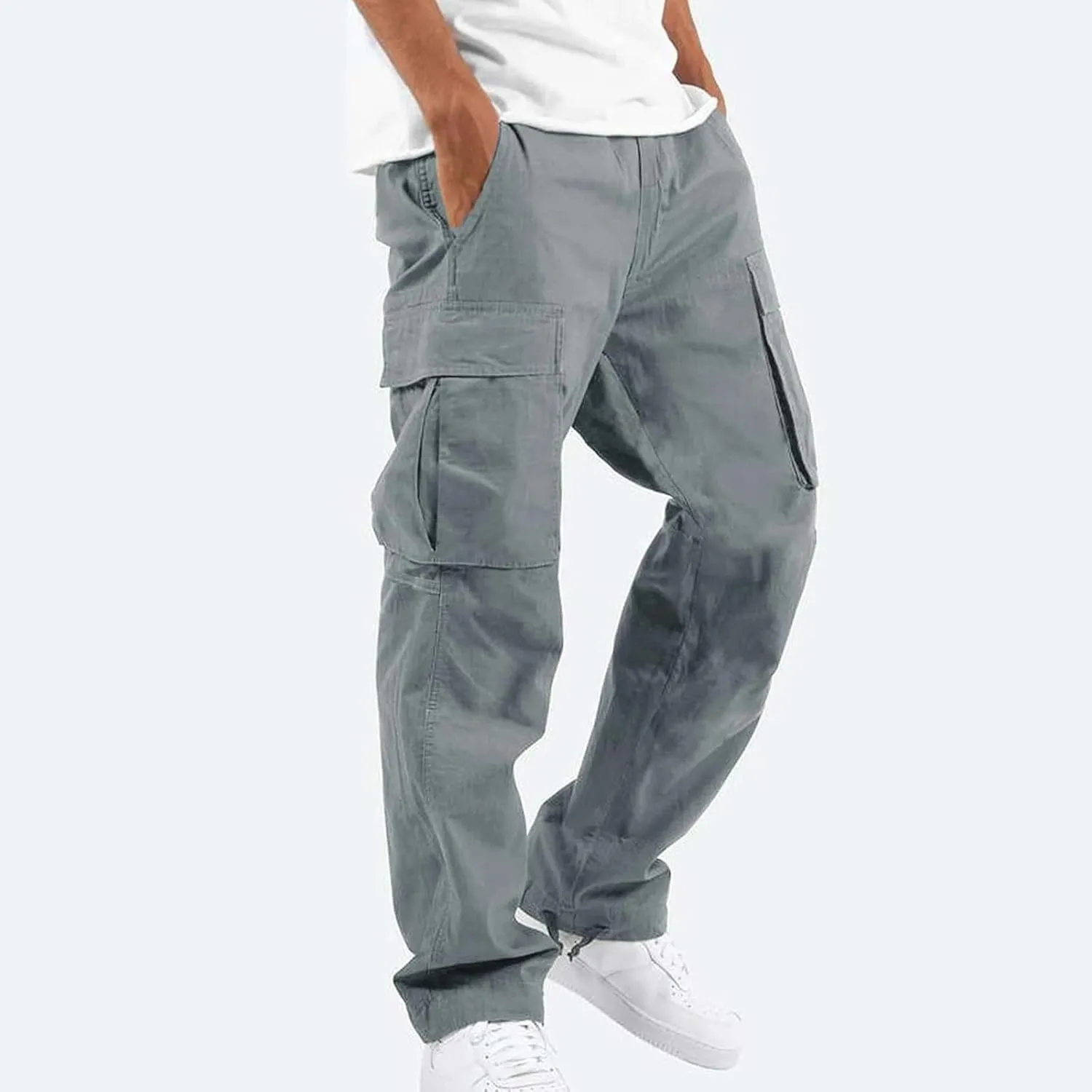Baggy Cargo Pants for Men Casual Drawstring Waist Hiking Pants with Pockets Outdoor Lightweight Parachute Pants