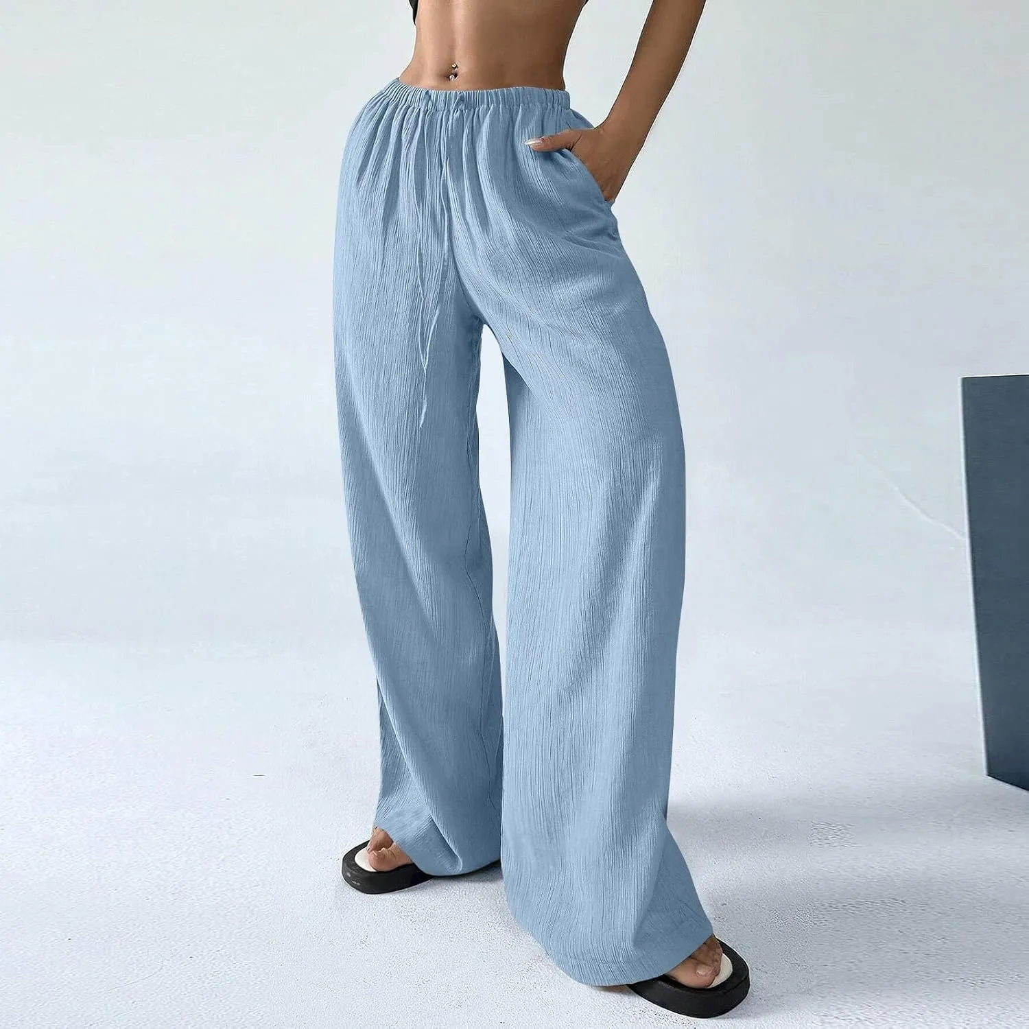 Baggy Wide Leg Linen Pants for Women Plus Size Elastic Waist Pants Textured Summer Beach Palazzo Pants with Pockets