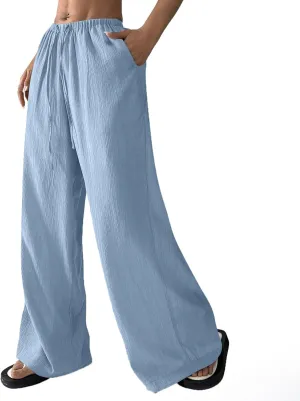 Baggy Wide Leg Linen Pants for Women Plus Size Elastic Waist Pants Textured Summer Beach Palazzo Pants with Pockets