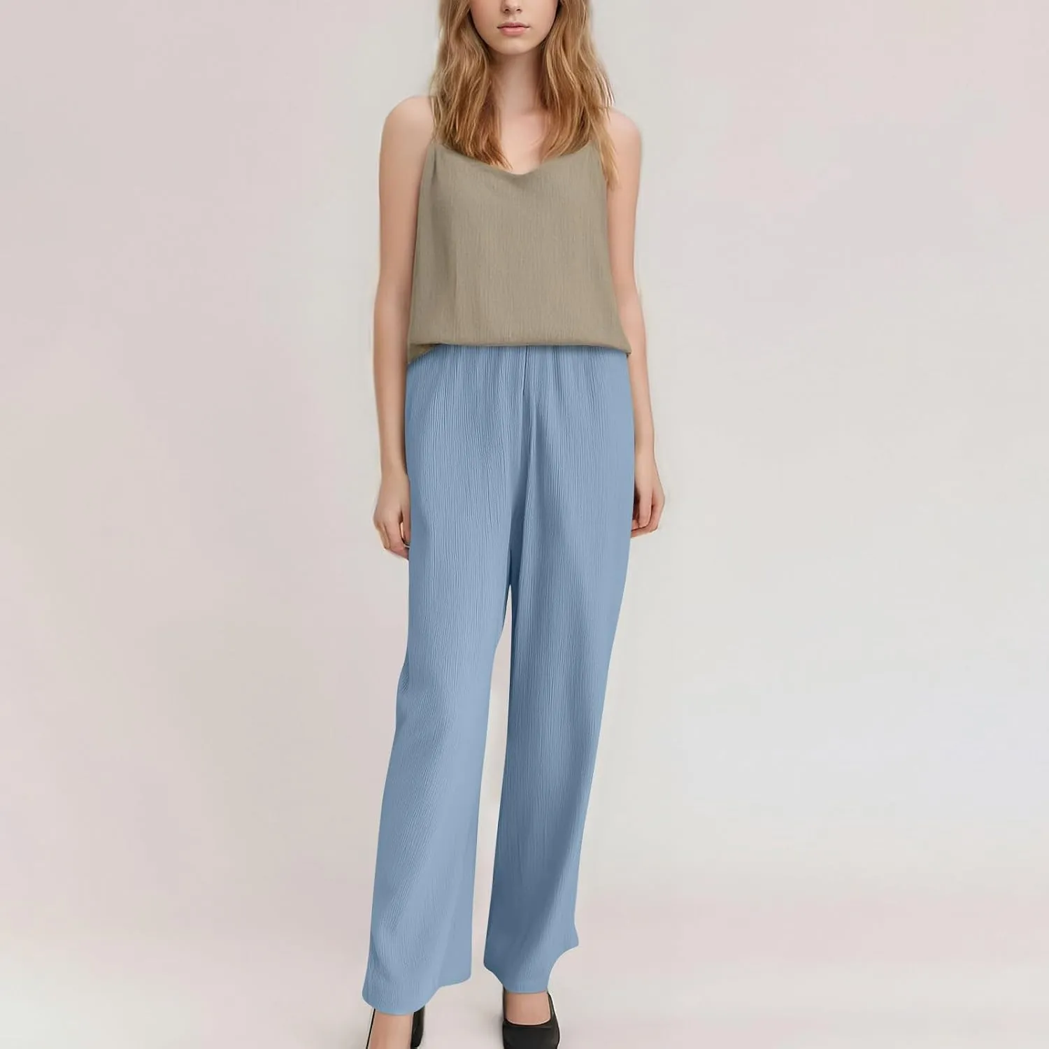 Baggy Wide Leg Linen Pants for Women Plus Size Elastic Waist Pants Textured Summer Beach Palazzo Pants with Pockets