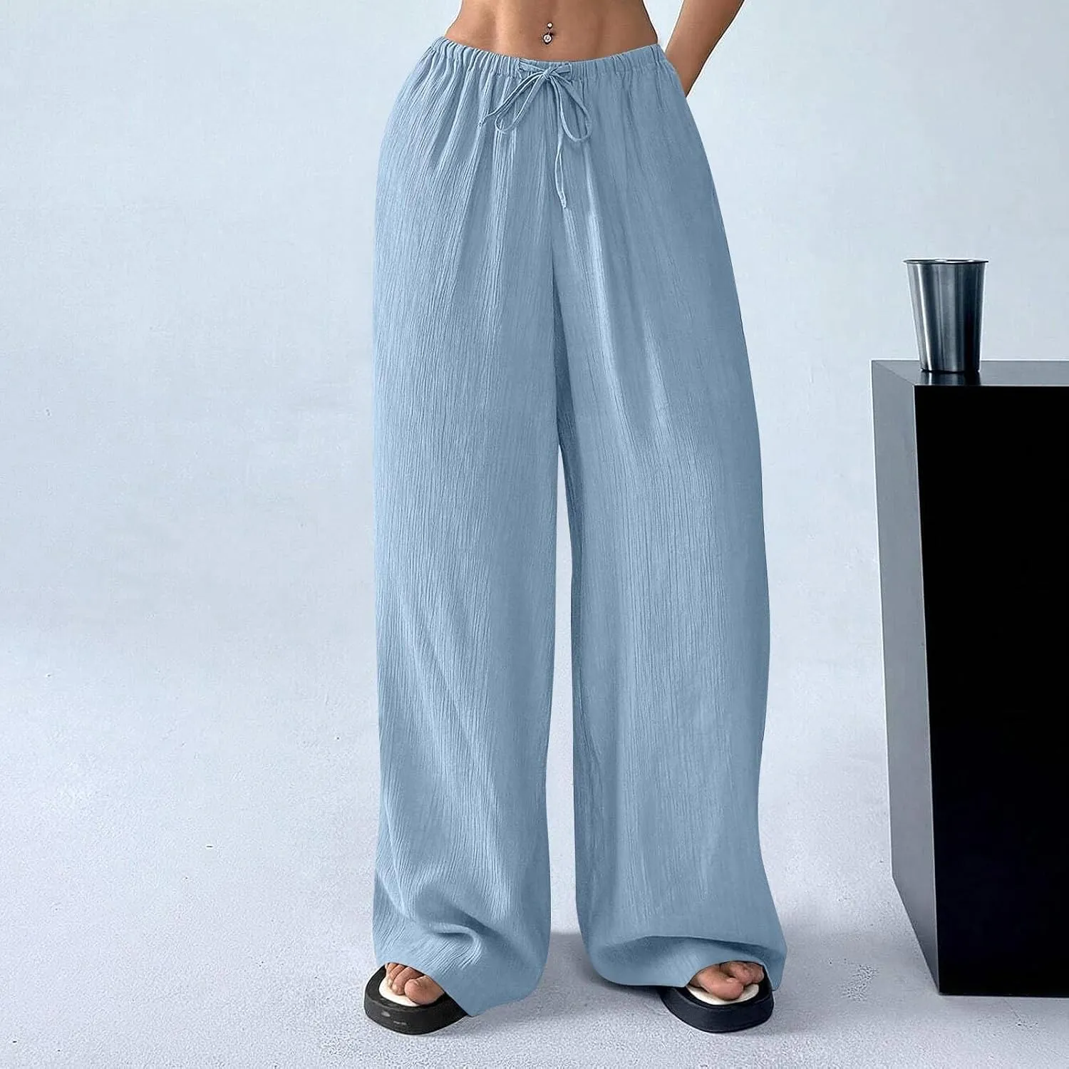 Baggy Wide Leg Linen Pants for Women Plus Size Elastic Waist Pants Textured Summer Beach Palazzo Pants with Pockets