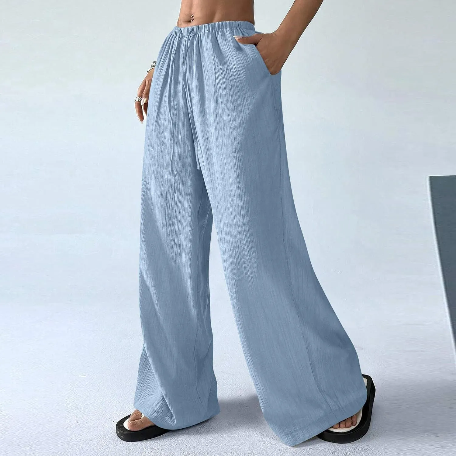 Baggy Wide Leg Linen Pants for Women Plus Size Elastic Waist Pants Textured Summer Beach Palazzo Pants with Pockets