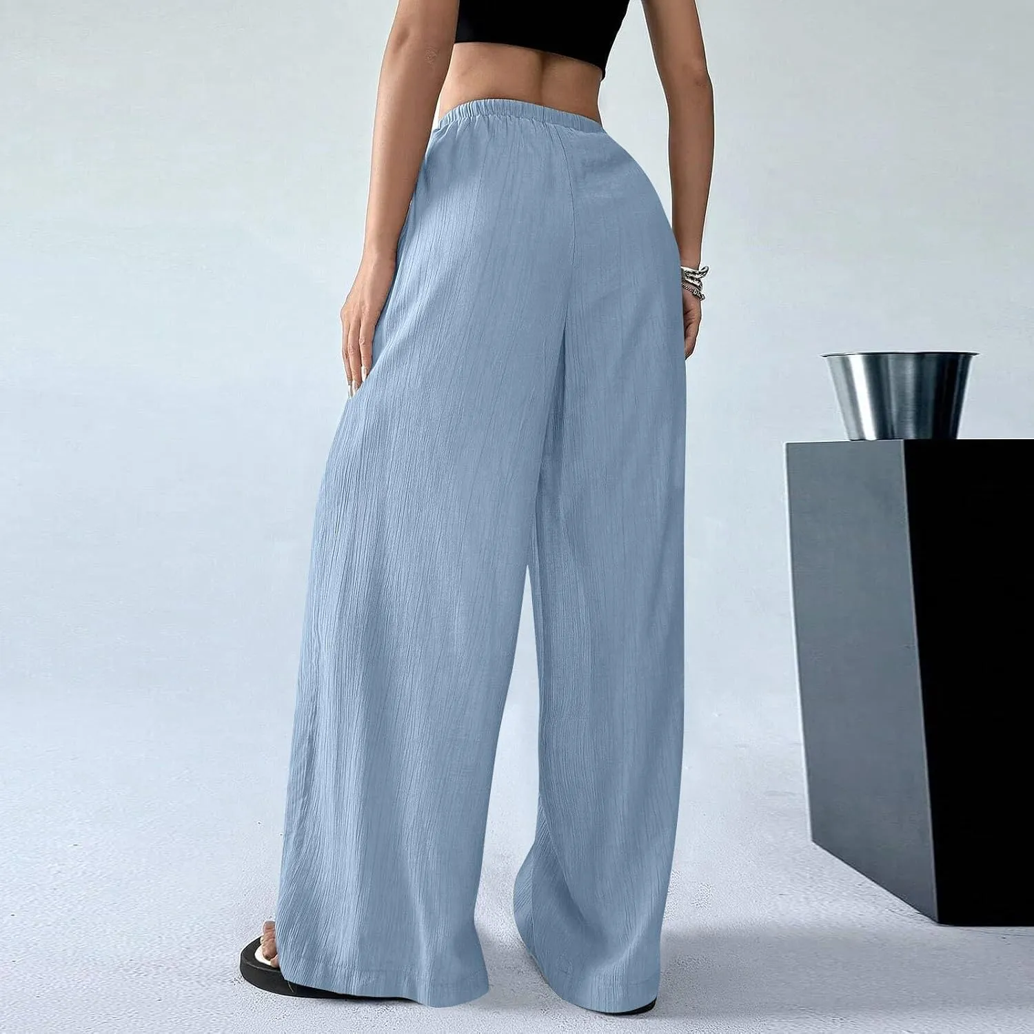 Baggy Wide Leg Linen Pants for Women Plus Size Elastic Waist Pants Textured Summer Beach Palazzo Pants with Pockets