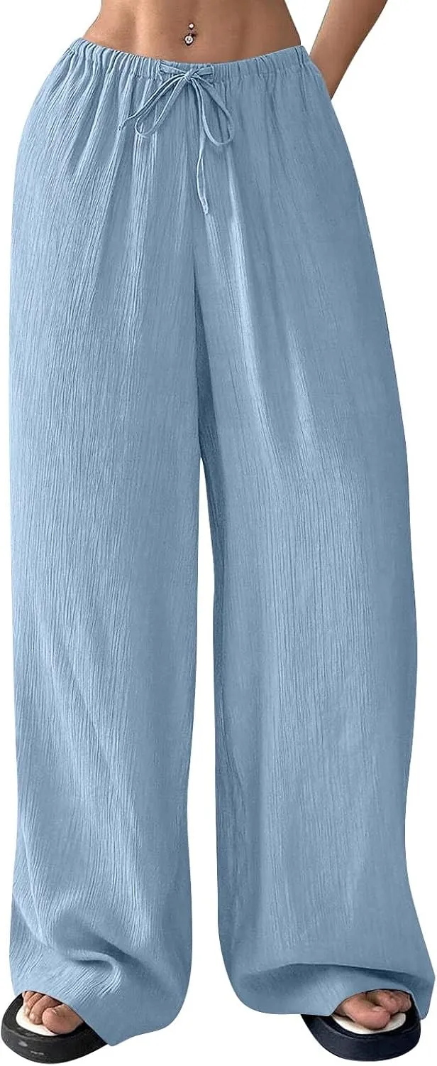 Baggy Wide Leg Linen Pants for Women Plus Size Elastic Waist Pants Textured Summer Beach Palazzo Pants with Pockets