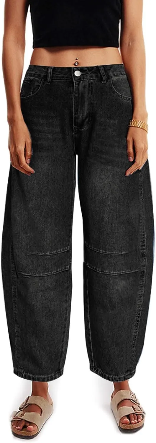 Barrel Jeans for Women Mid Rise Heart Printed Denim Ankle Pants Vintage Baggy Boyfriend Jeans