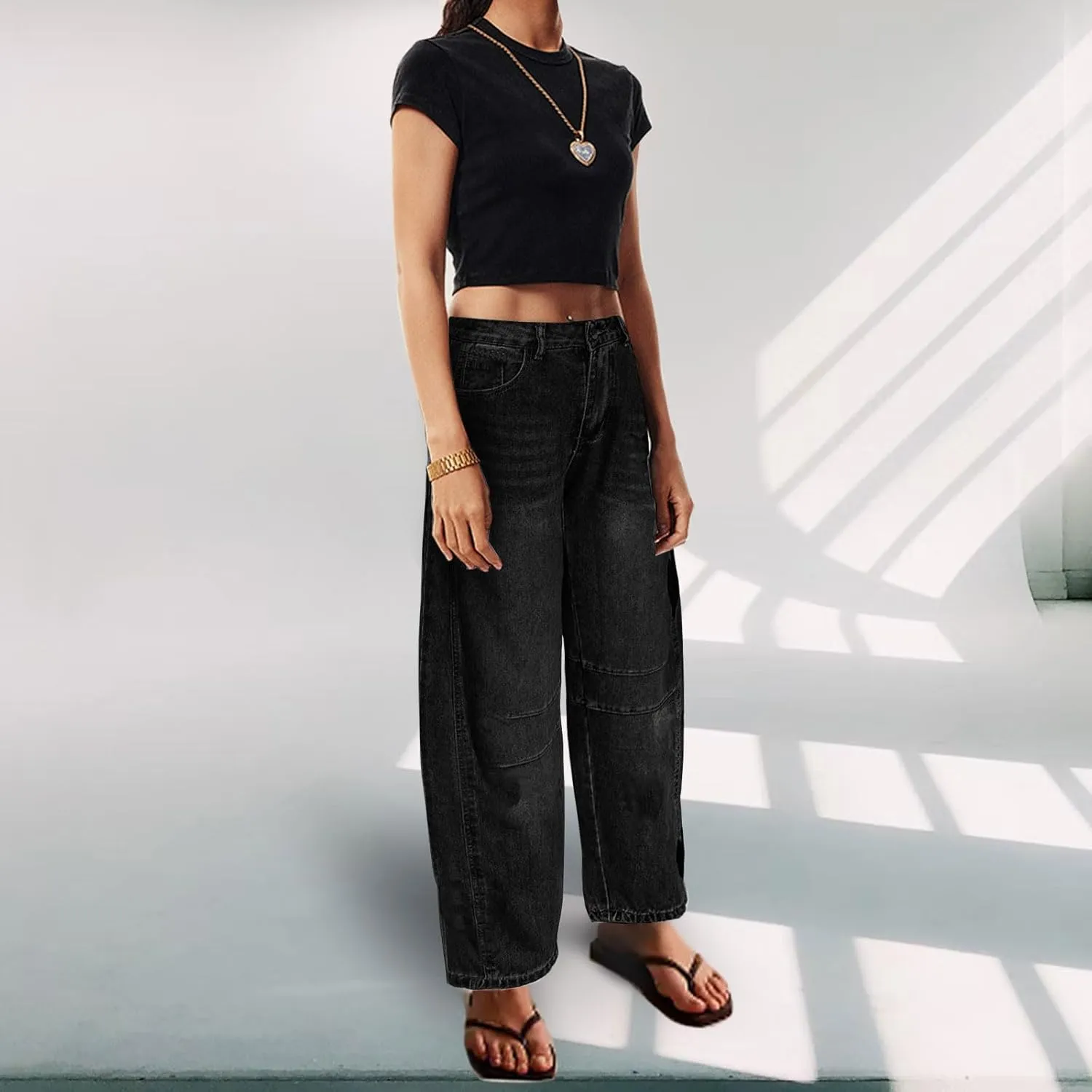 Barrel Jeans for Women Mid Rise Heart Printed Denim Ankle Pants Vintage Baggy Boyfriend Jeans