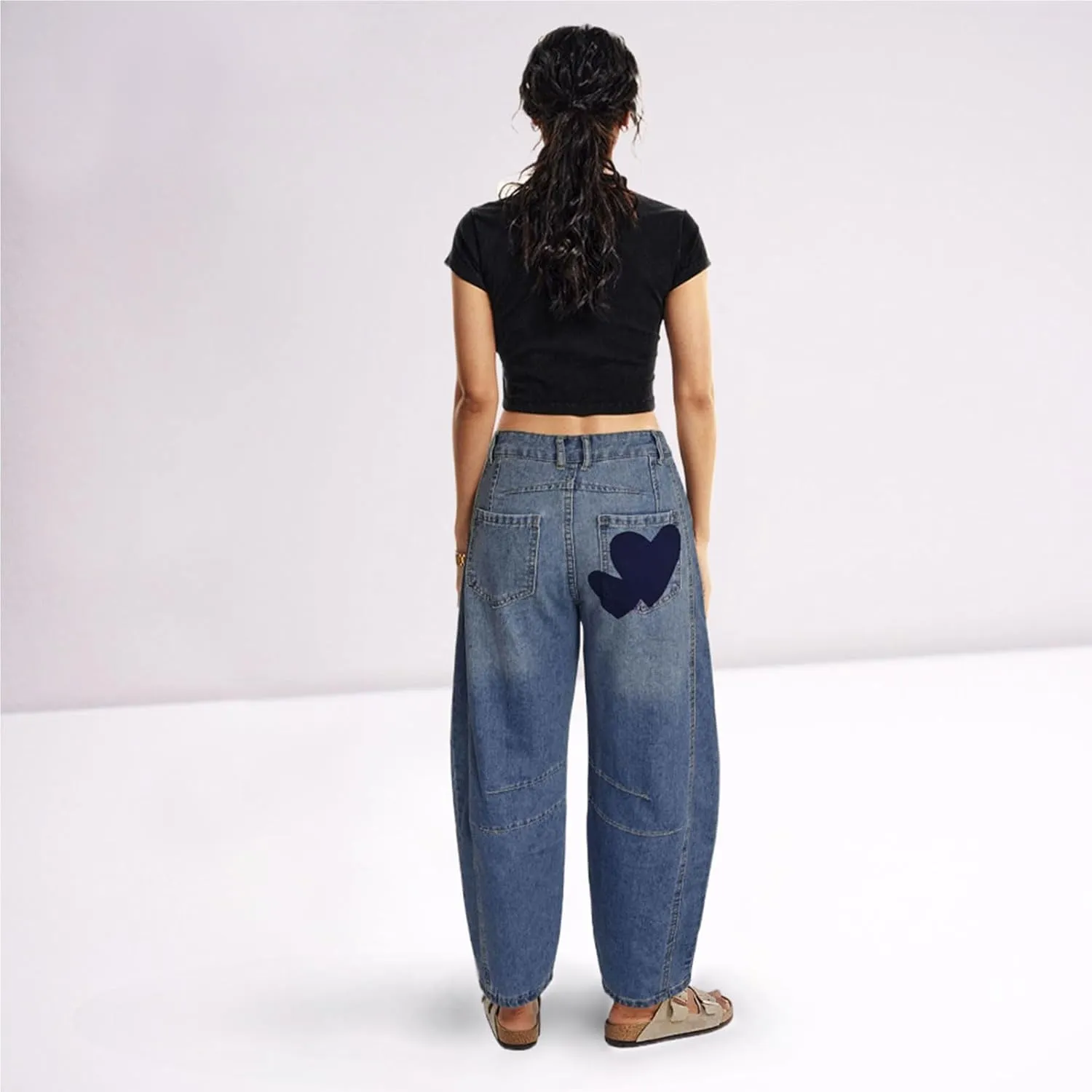 Barrel Jeans for Women Mid Rise Heart Printed Denim Ankle Pants Vintage Baggy Boyfriend Jeans