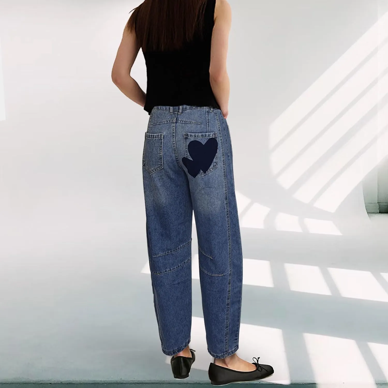 Barrel Jeans for Women Mid Rise Heart Printed Denim Ankle Pants Vintage Baggy Boyfriend Jeans