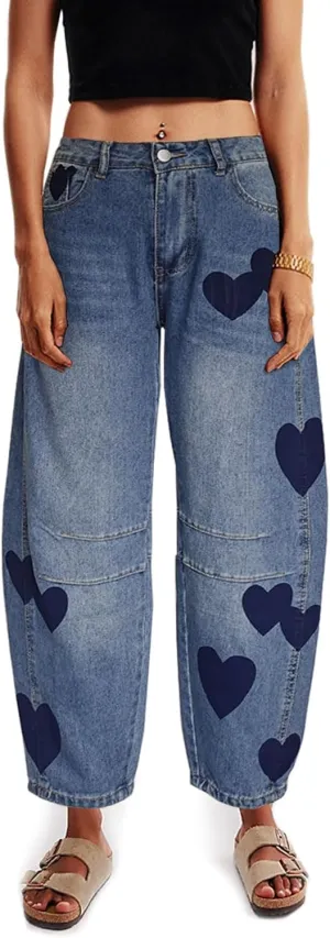 Barrel Jeans for Women Mid Rise Heart Printed Denim Ankle Pants Vintage Baggy Boyfriend Jeans