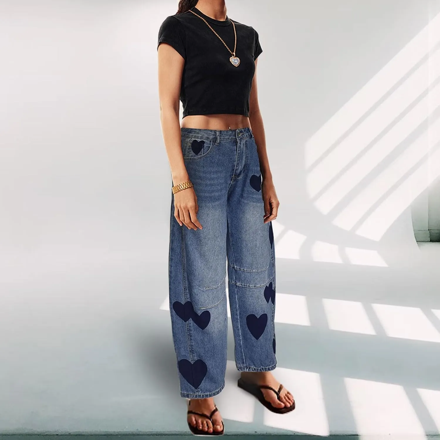 Barrel Jeans for Women Mid Rise Heart Printed Denim Ankle Pants Vintage Baggy Boyfriend Jeans