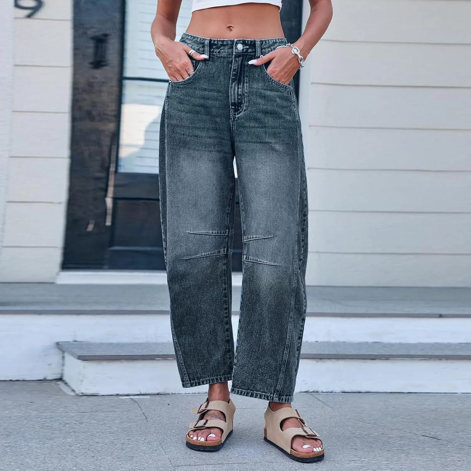 Barrel Jeans for Women Stretchy Trendy High Waisted Baggy Denim Trouser Y2K Wide Leg Boyfriend Streetwear Ankle Pants