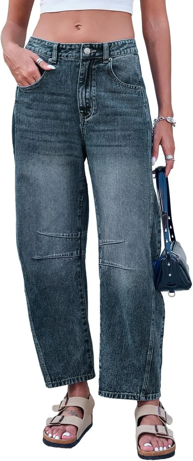 Barrel Jeans for Women Stretchy Trendy High Waisted Baggy Denim Trouser Y2K Wide Leg Boyfriend Streetwear Ankle Pants