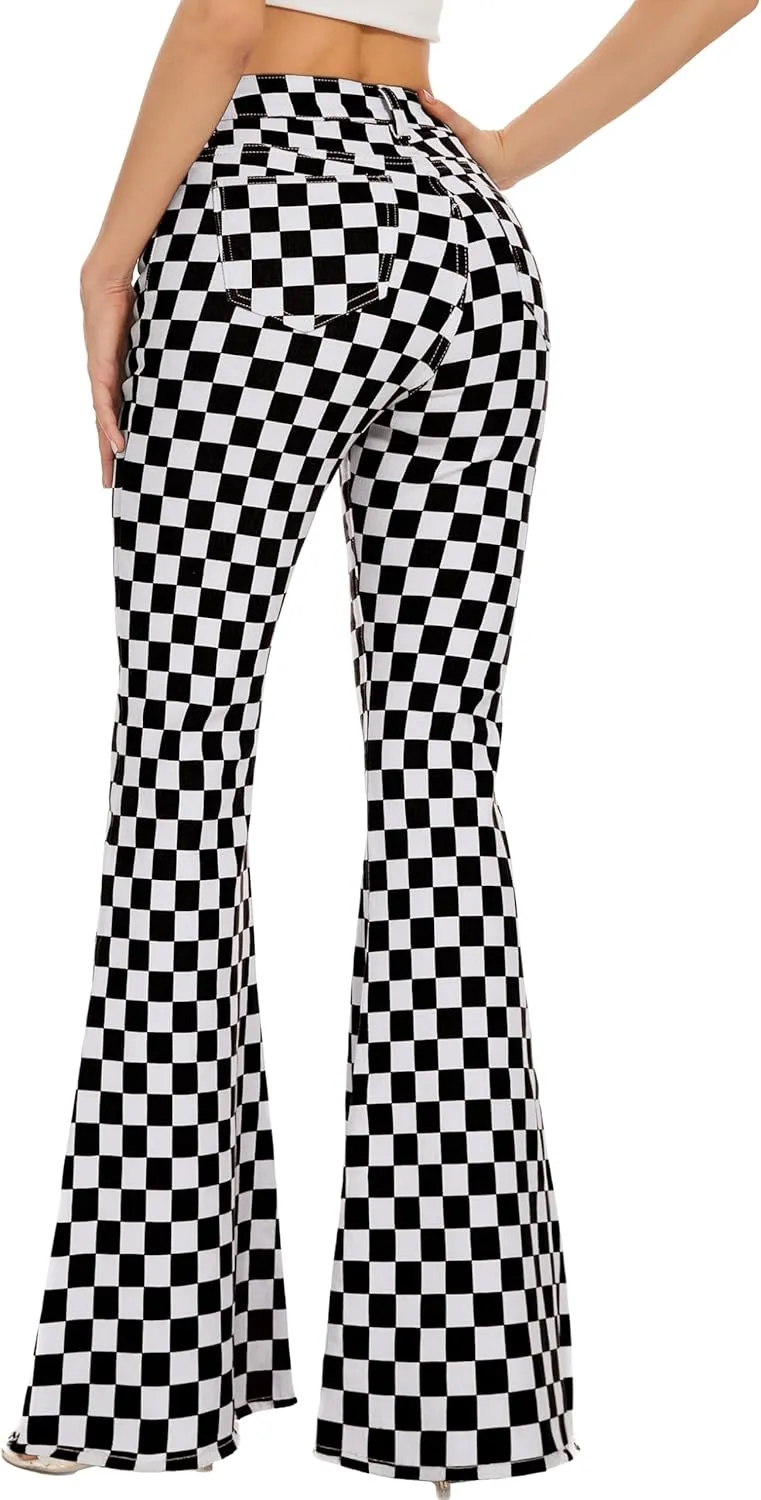 Bell Bottom Jeans for Women High Waisted Stretch Plaid Flare Jeans Denim Bootcut Pants