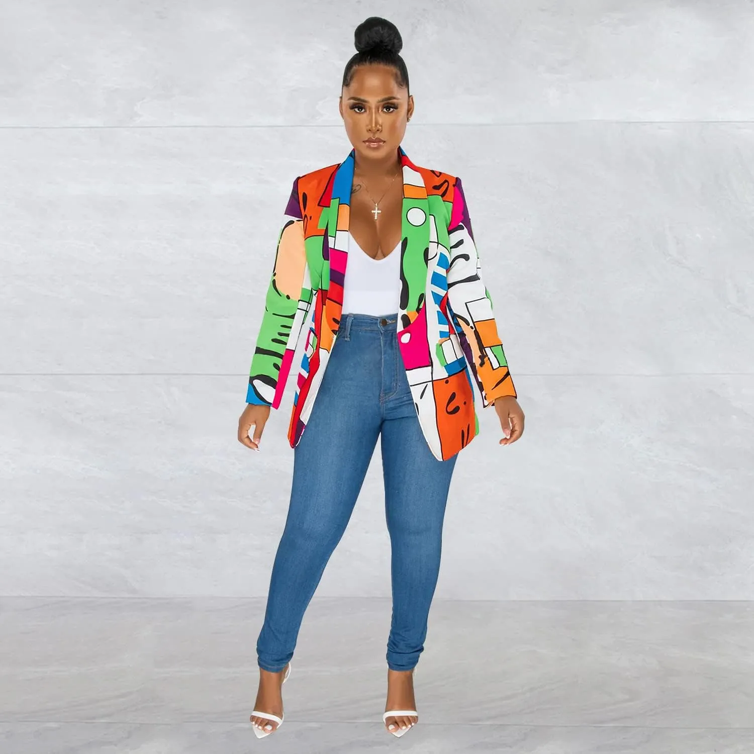 BFFBABY Women's Graphic Print Blazer Button Open Front Lapel Collar Long Sleeve Casual Jacket Multicolored