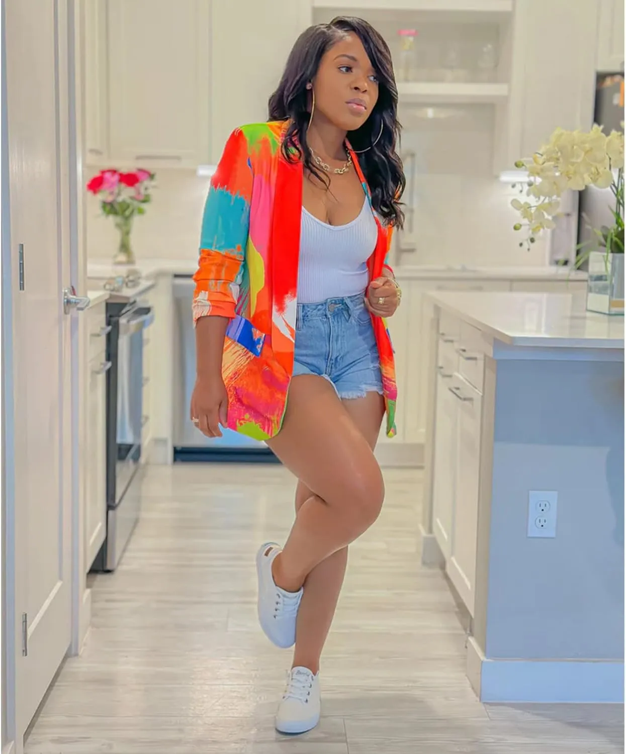 BFFBABY Women's Graphic Print Blazer Button Open Front Lapel Collar Long Sleeve Casual Jacket Multicolored