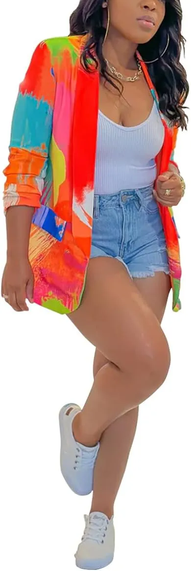 BFFBABY Women's Graphic Print Blazer Button Open Front Lapel Collar Long Sleeve Casual Jacket Multicolored