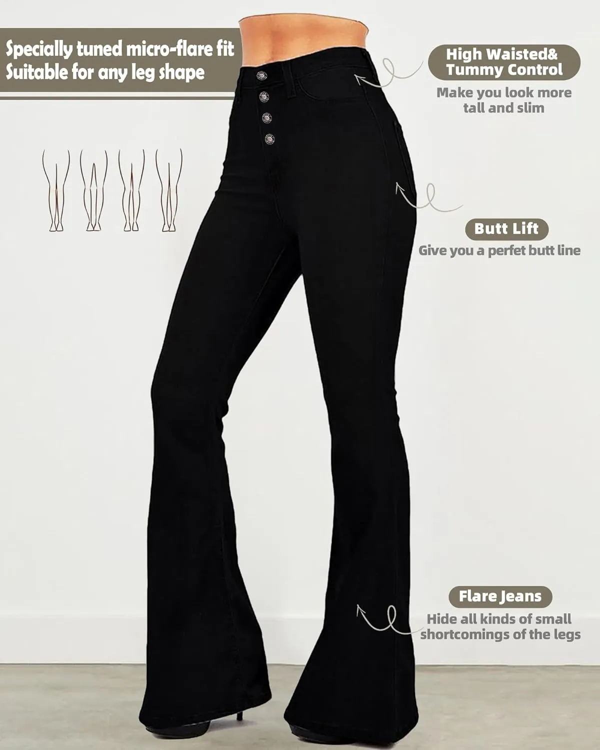 BISUAL Women's Fashion High Rise Jeans Slimming Wide Leg Stretch Denim Flare Bellbottom Jeans