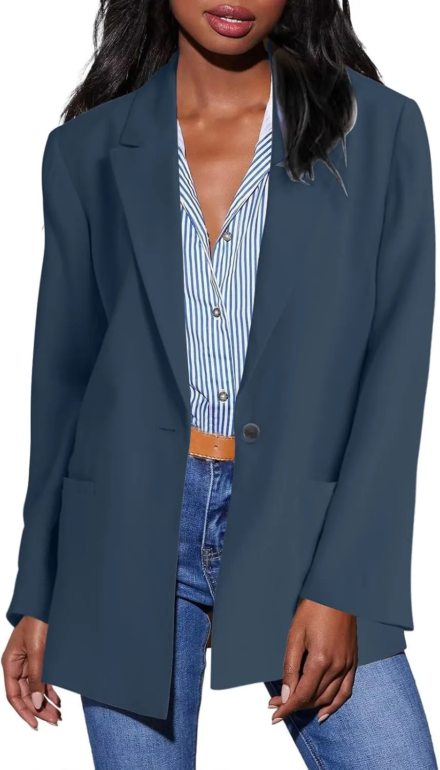 Blazer Jackets for Women Long Sleeved Relaxed Fit Office Work Suit Jackets Solid Lapel Open Front Coat with Pockets