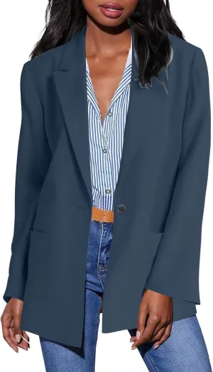 Blazer Jackets for Women Long Sleeved Relaxed Fit Office Work Suit Jackets Solid Lapel Open Front Coat with Pockets