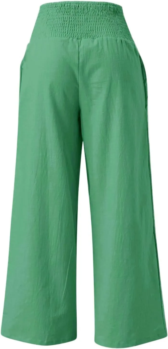 Boho Clothes for Women Buckle Pants with Elegant Pockets and Casual Wide Leg Fashion Plus Size Linen Pants for Women