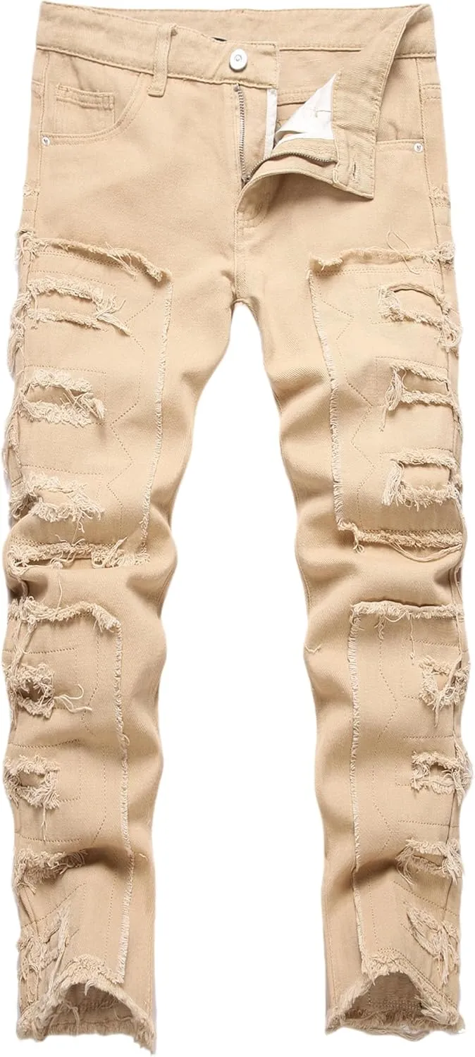 Boy's Stacked Jeans Skinny Fit Ripped Destroyed Distressed Fashion Comfy Denim Jeans Pants