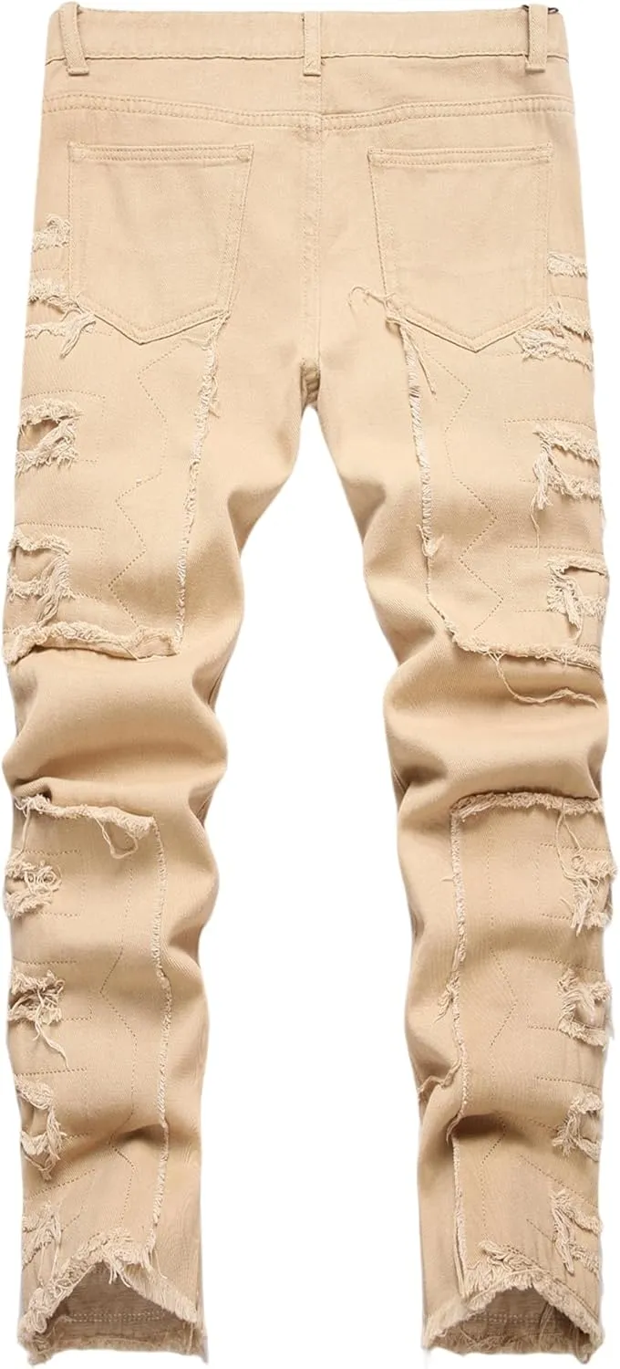 Boy's Stacked Jeans Skinny Fit Ripped Destroyed Distressed Fashion Comfy Denim Jeans Pants