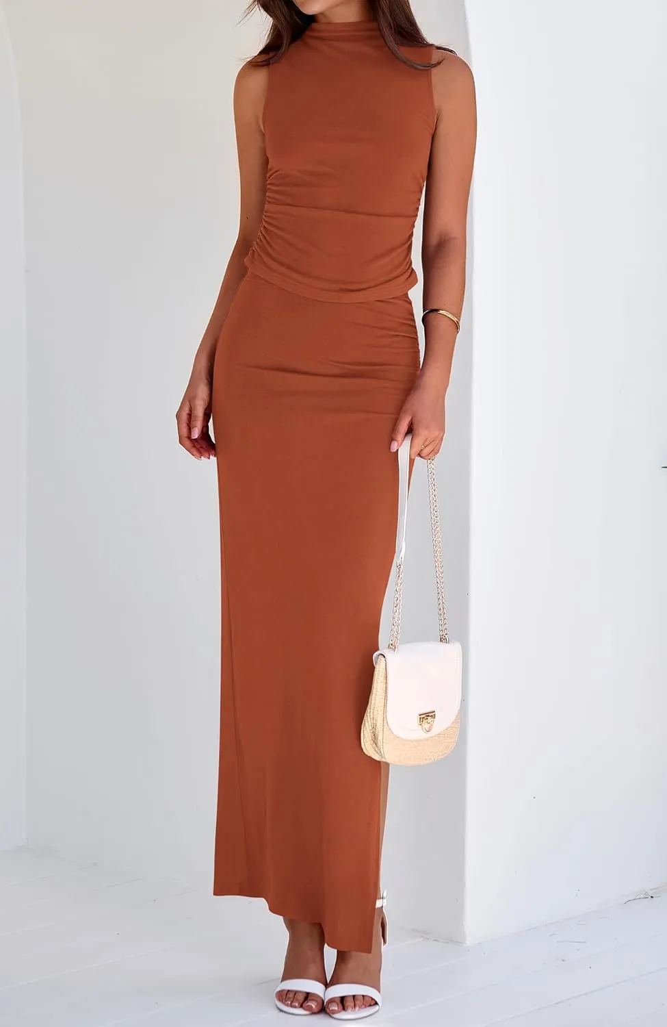BTFBM Womens Two Piece Outfits Summer Lightweight 2025 Mock Neck Sleeveless Knit Tops Maxi Skirt Set Going Out Dress