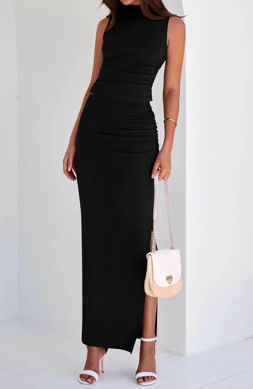 BTFBM Womens Two Piece Outfits Summer Lightweight 2025 Mock Neck Sleeveless Knit Tops Maxi Skirt Set Going Out Dress