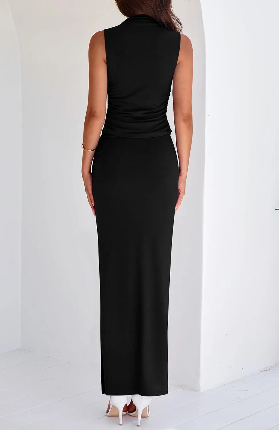 BTFBM Womens Two Piece Outfits Summer Lightweight 2025 Mock Neck Sleeveless Knit Tops Maxi Skirt Set Going Out Dress