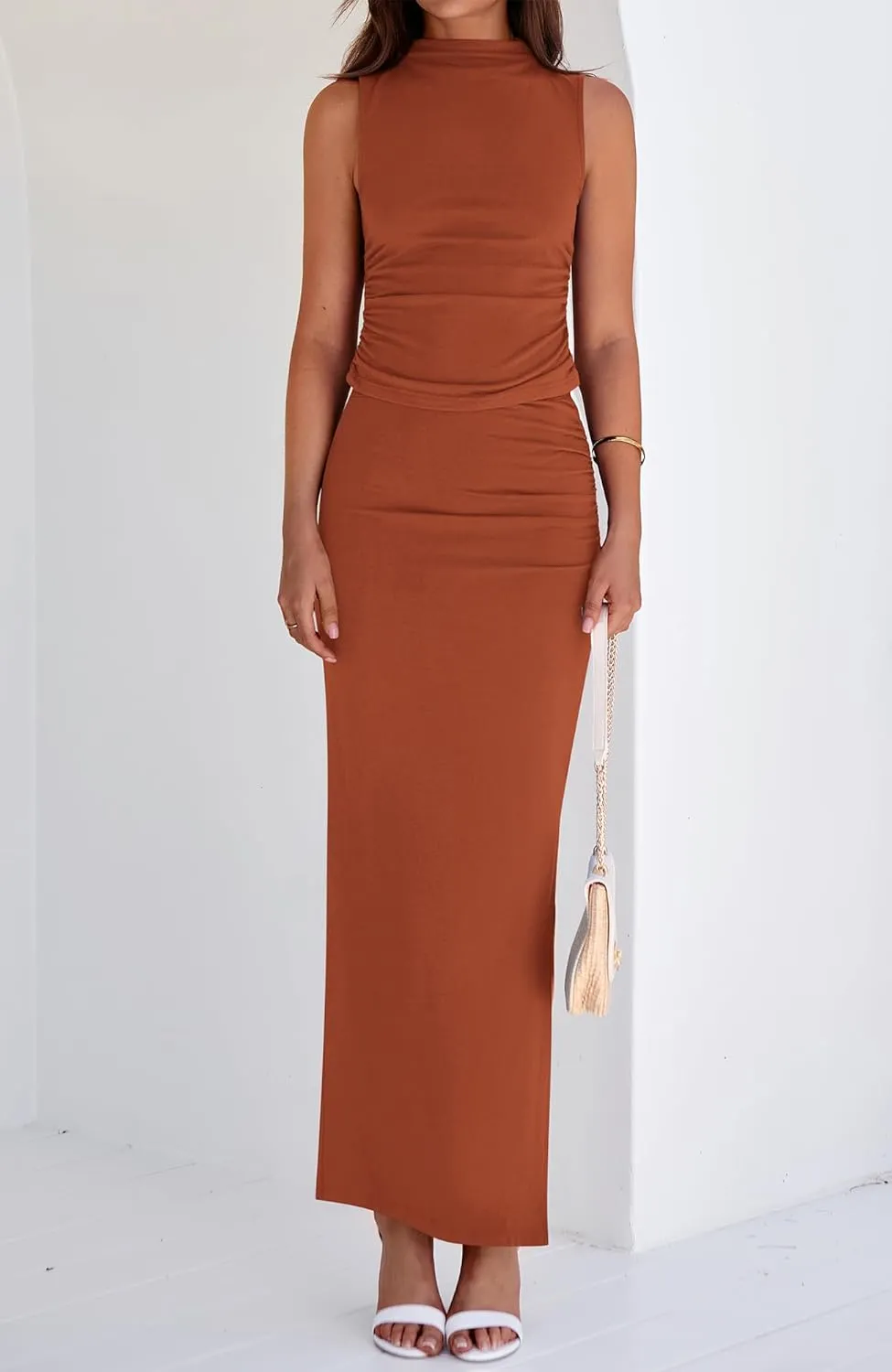 BTFBM Womens Two Piece Outfits Summer Lightweight 2025 Mock Neck Sleeveless Knit Tops Maxi Skirt Set Going Out Dress