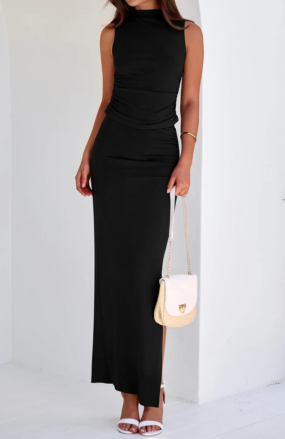 BTFBM Womens Two Piece Outfits Summer Lightweight 2025 Mock Neck Sleeveless Knit Tops Maxi Skirt Set Going Out Dress