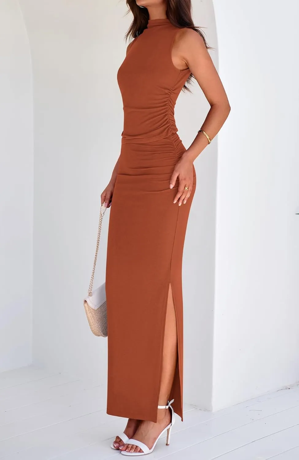 BTFBM Womens Two Piece Outfits Summer Lightweight 2025 Mock Neck Sleeveless Knit Tops Maxi Skirt Set Going Out Dress