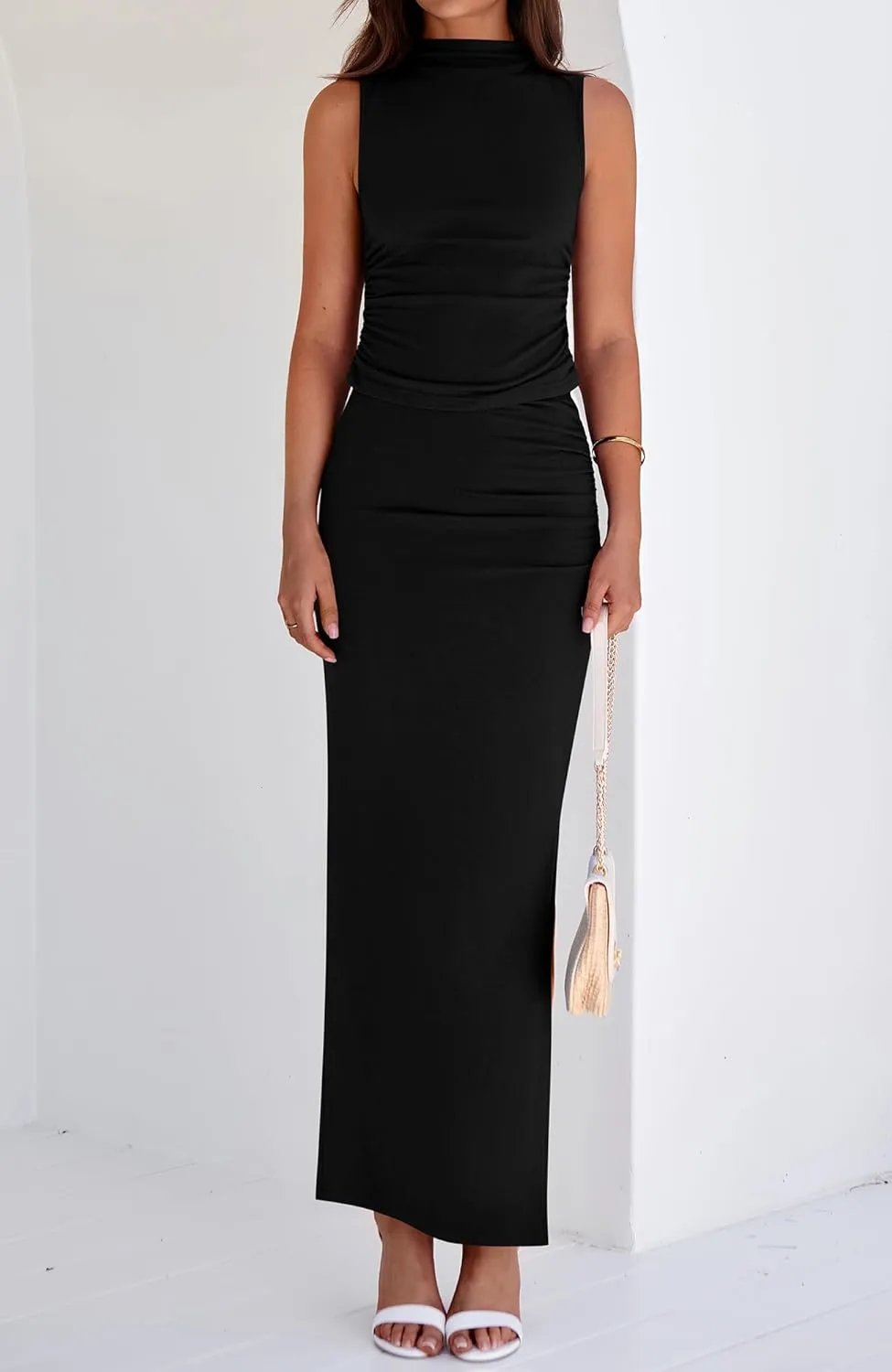 BTFBM Womens Two Piece Outfits Summer Lightweight 2025 Mock Neck Sleeveless Knit Tops Maxi Skirt Set Going Out Dress