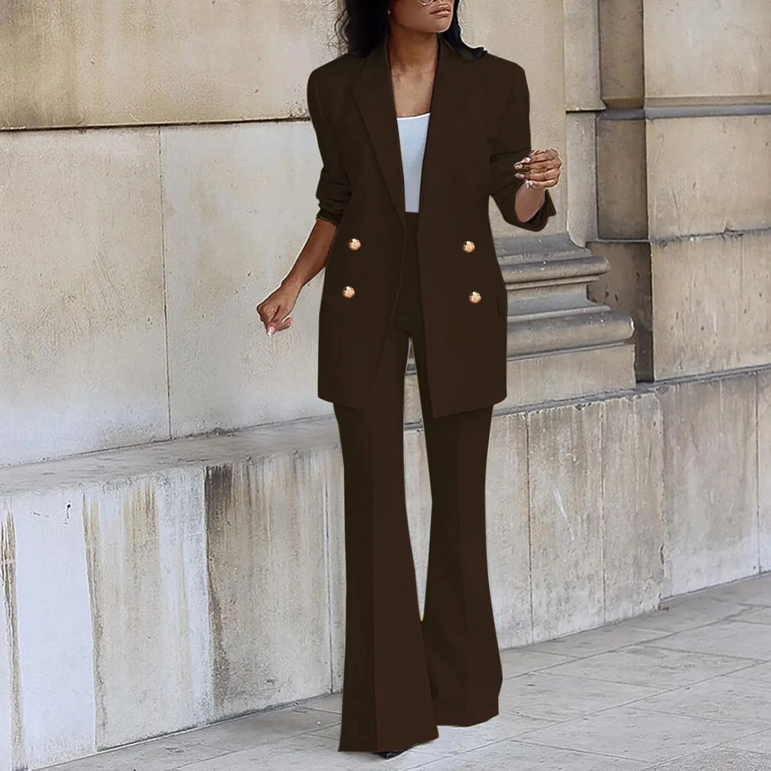 Business Casual Clothes for Women Fashion Work Suit Two Piece Outfits Dressy Button Blazer and Wide Leg Pant Suit Set
