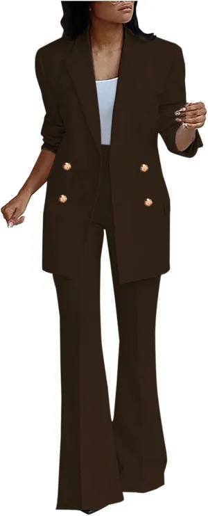 Business Casual Clothes for Women Fashion Work Suit Two Piece Outfits Dressy Button Blazer and Wide Leg Pant Suit Set