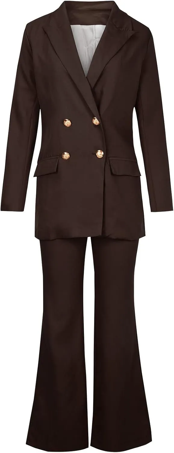 Business Casual Clothes for Women Fashion Work Suit Two Piece Outfits Dressy Button Blazer and Wide Leg Pant Suit Set