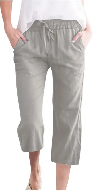 Capri Pant for Women 2024 Casual Trendy Summer Drawstring Elastic Waist Linen Pant Straight Wide Leg Cropped Trouser